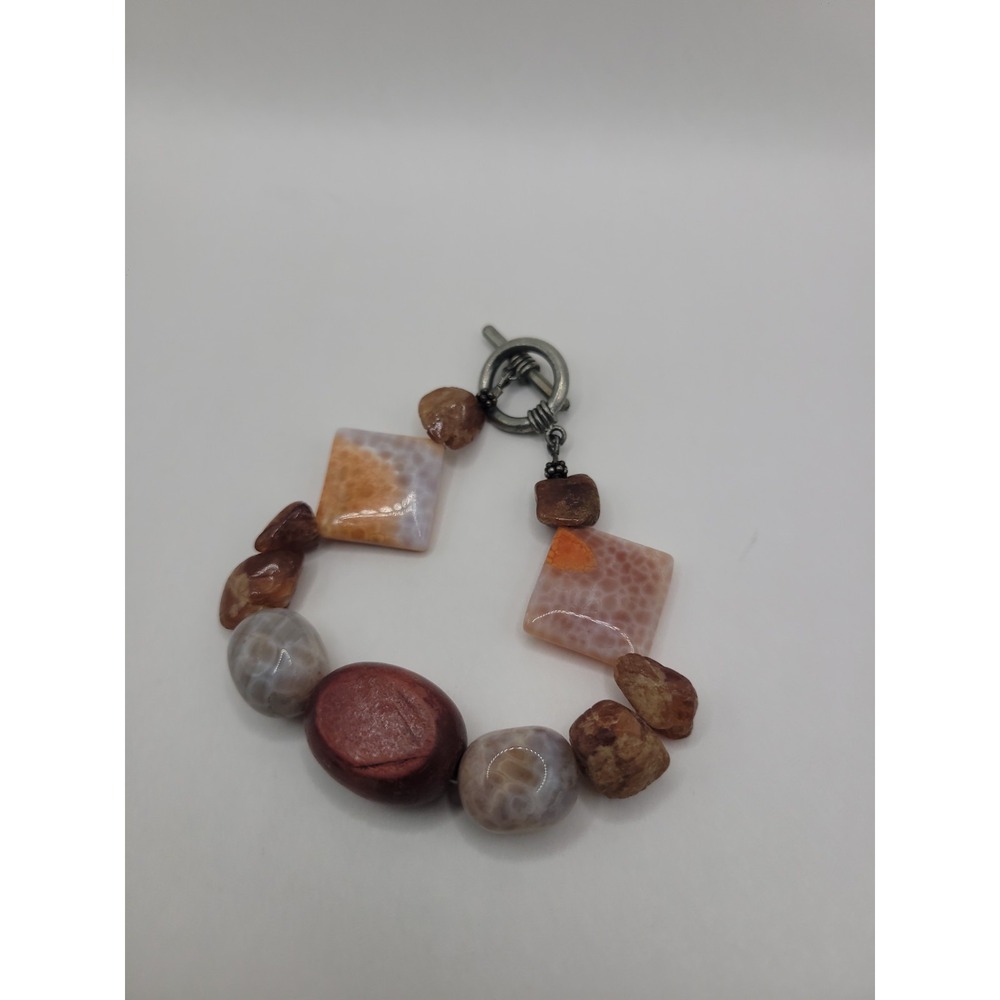 Orange Cream Brown Chunky Beaded Bracelet Square Oval Nugget Toggle Clasp Boho